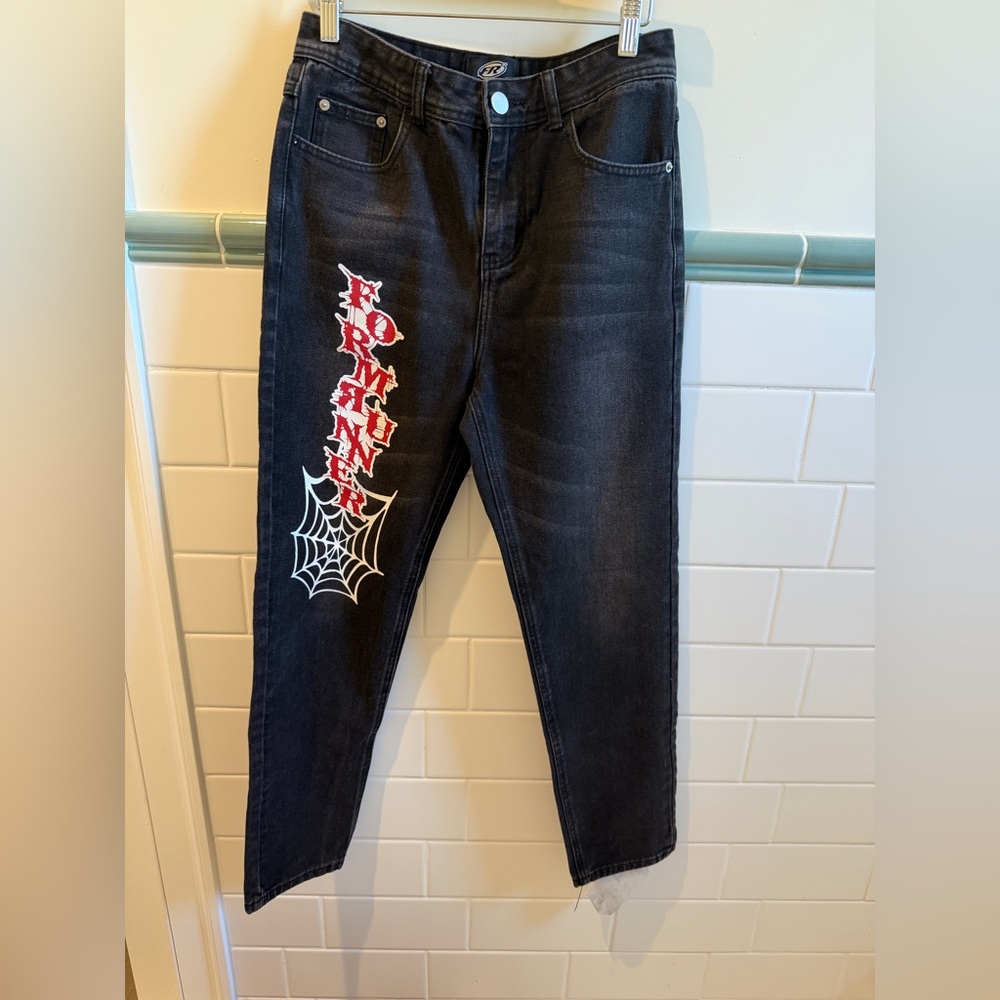 Black Mens Jeans with Red Spiderweb Graphic